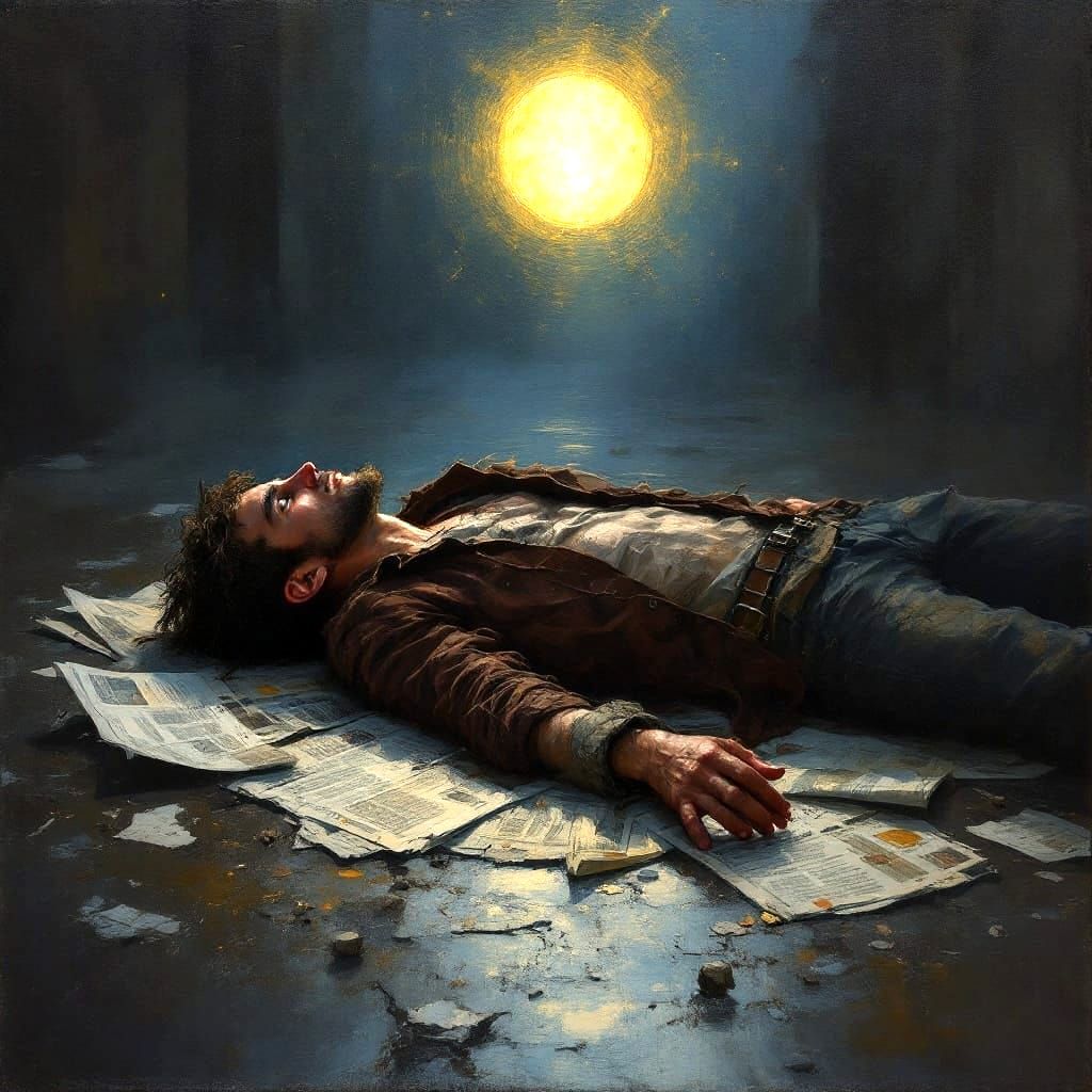 Homeless Man Gazing at Golden Light, Oil Painting