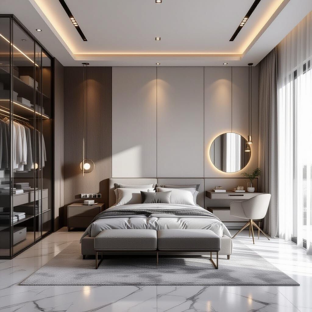 Luxurious Modern Bedroom with Soft Light and Wood Accents