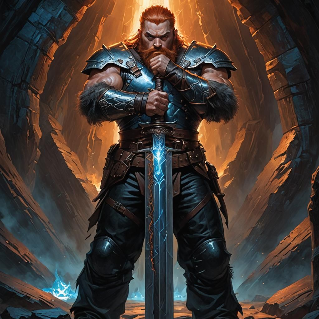 Muscular Dwarf Warrior in a Glowing Cavern