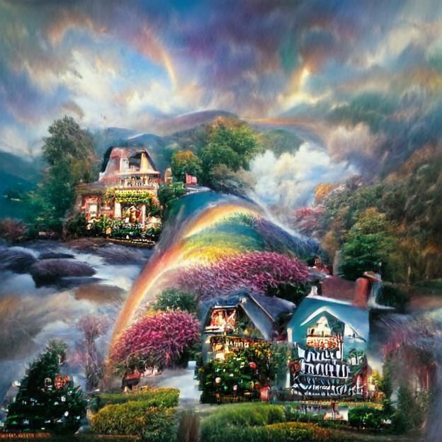 Idyllic Cottage Under Rainbow in Luminist Style