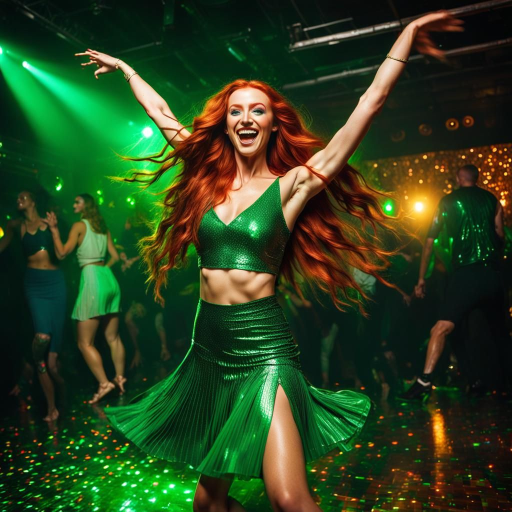 Irish Woman Dancing at Studio 54 in Hyperrealistic Style