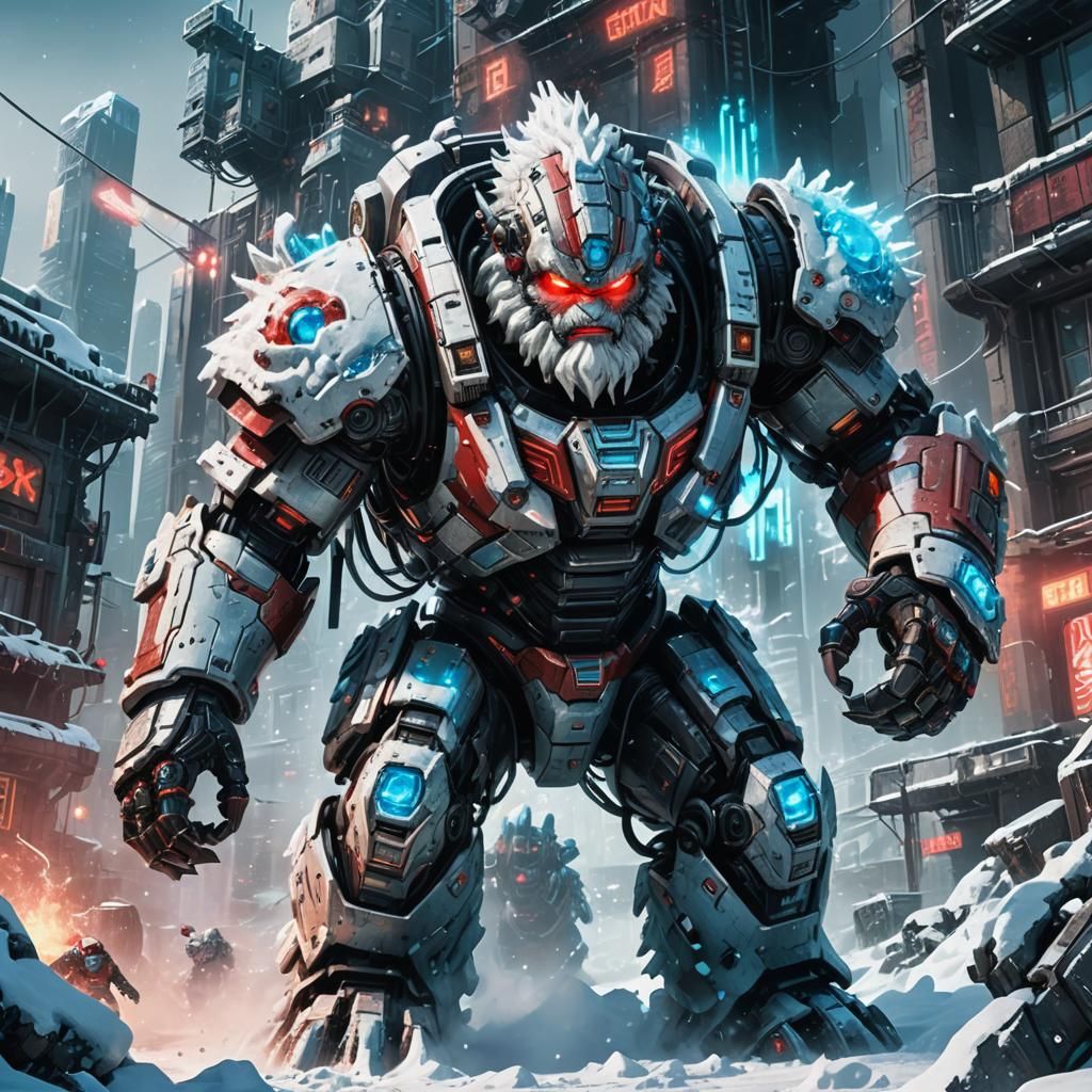 Santa Claus in Mech Suit vs Snow Monster Cyberpunk Art