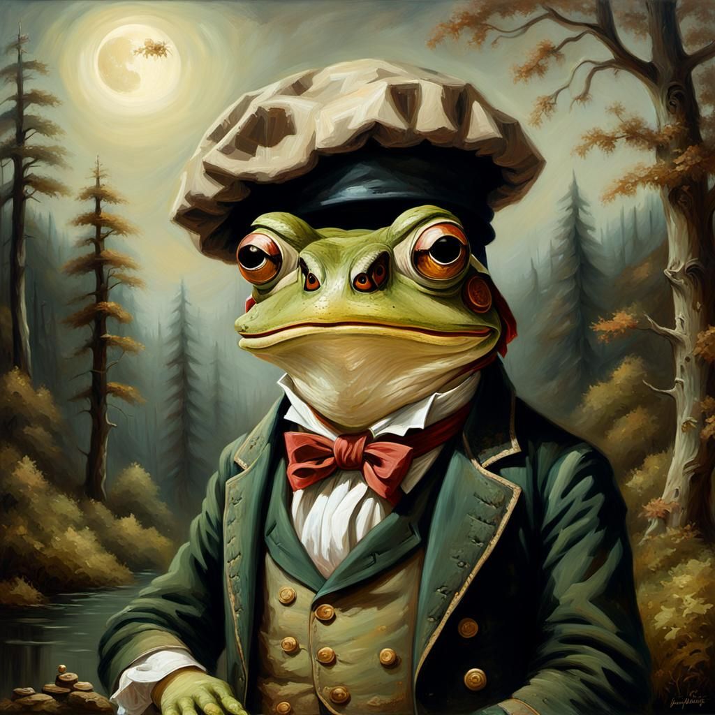 Frog Chef Baking in Forest, Historical Fantasy Painting