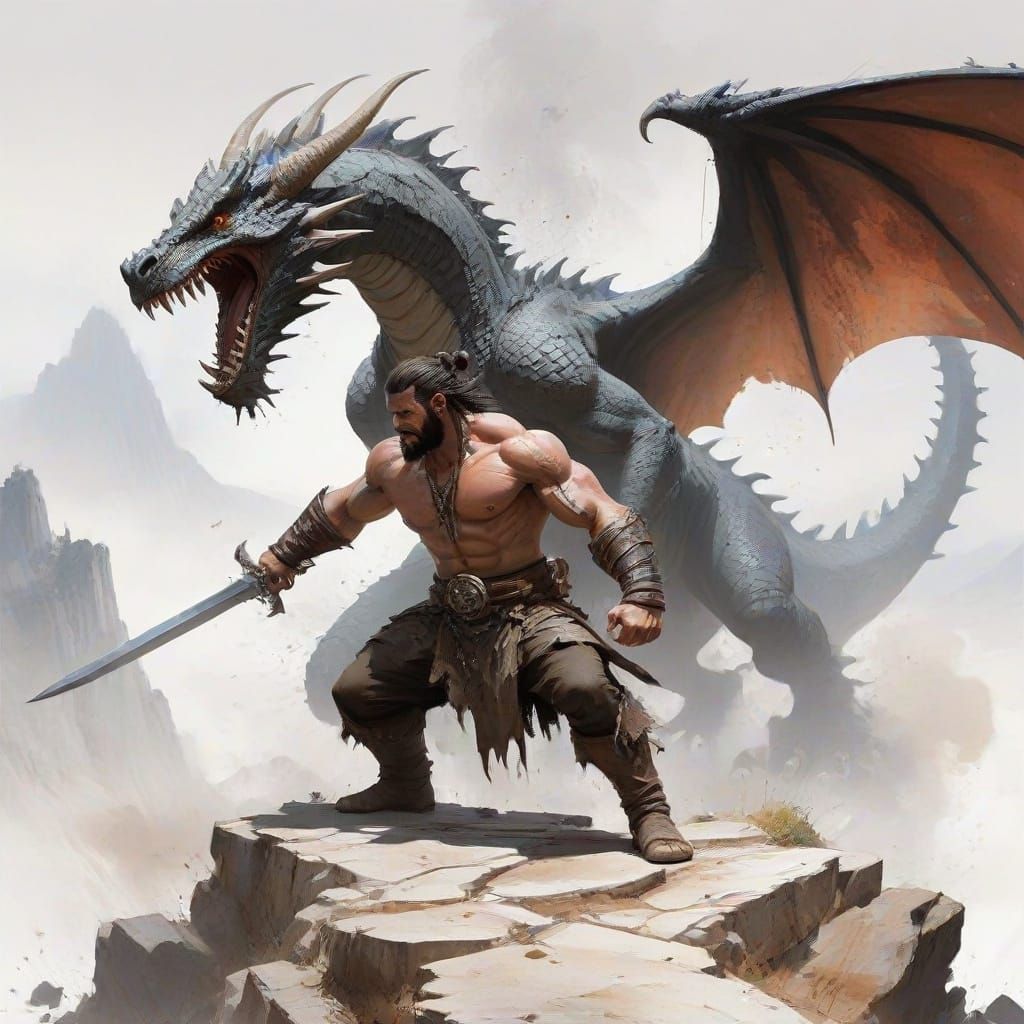 Barbarian vs Dragon in a Fantastical Watercolor Landscape