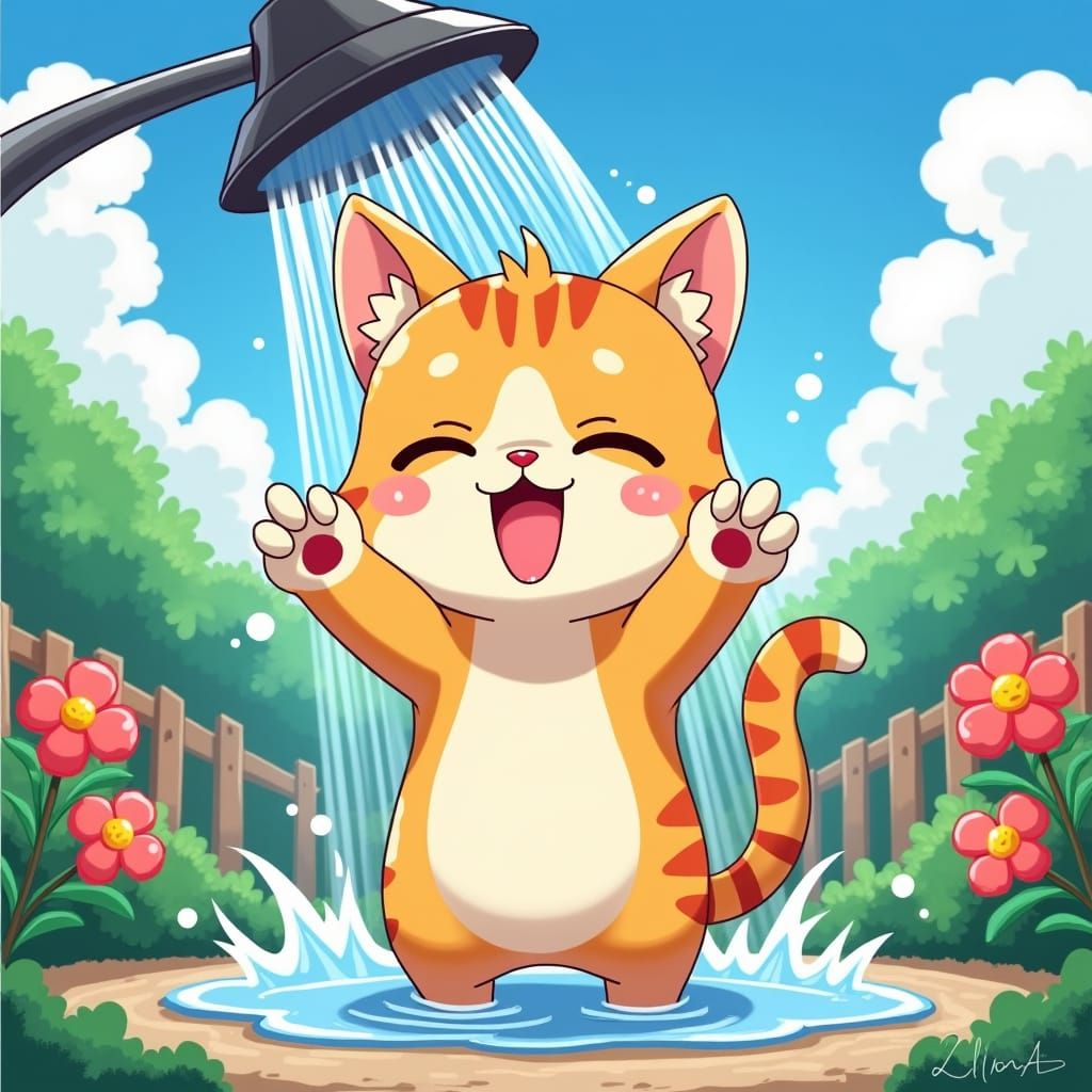 Anime Cat Avoiding Outdoor Shower