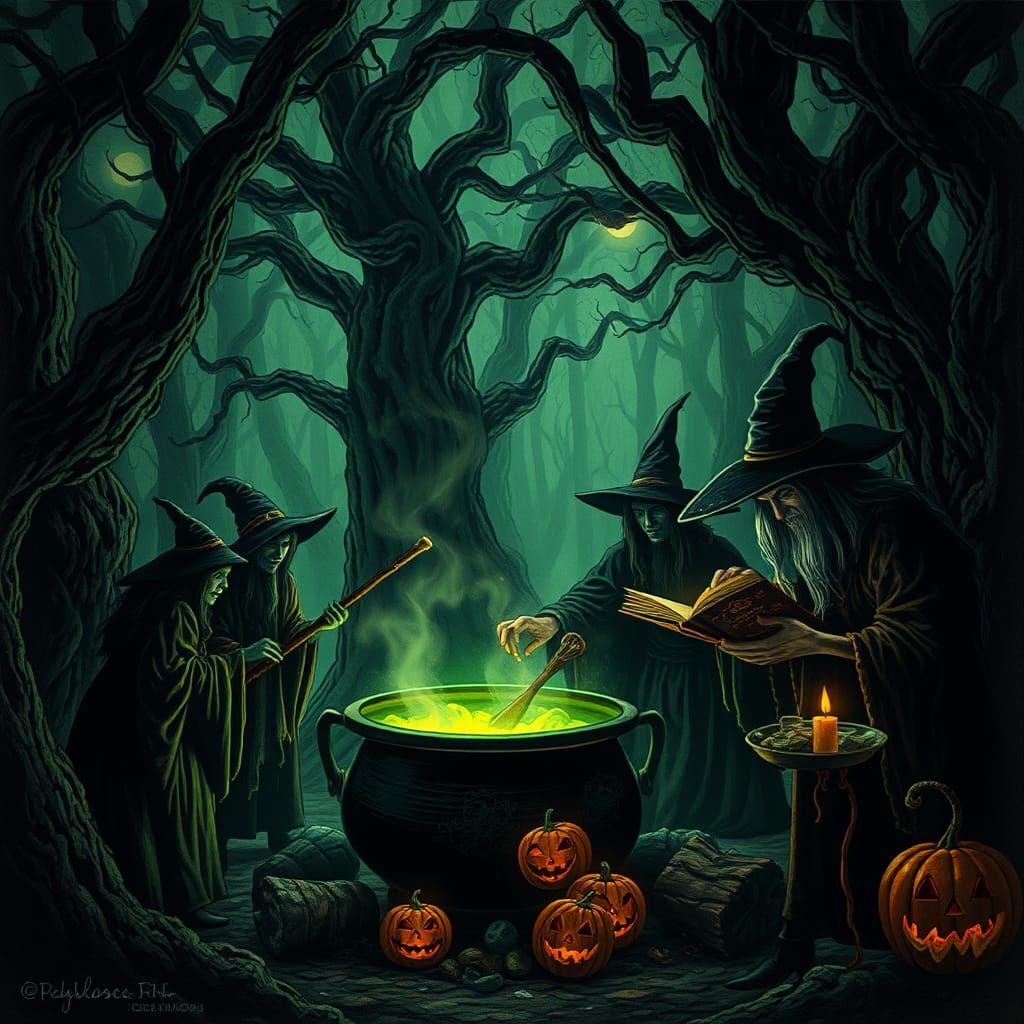Witches' Gathering in a Dark Halloween Forest