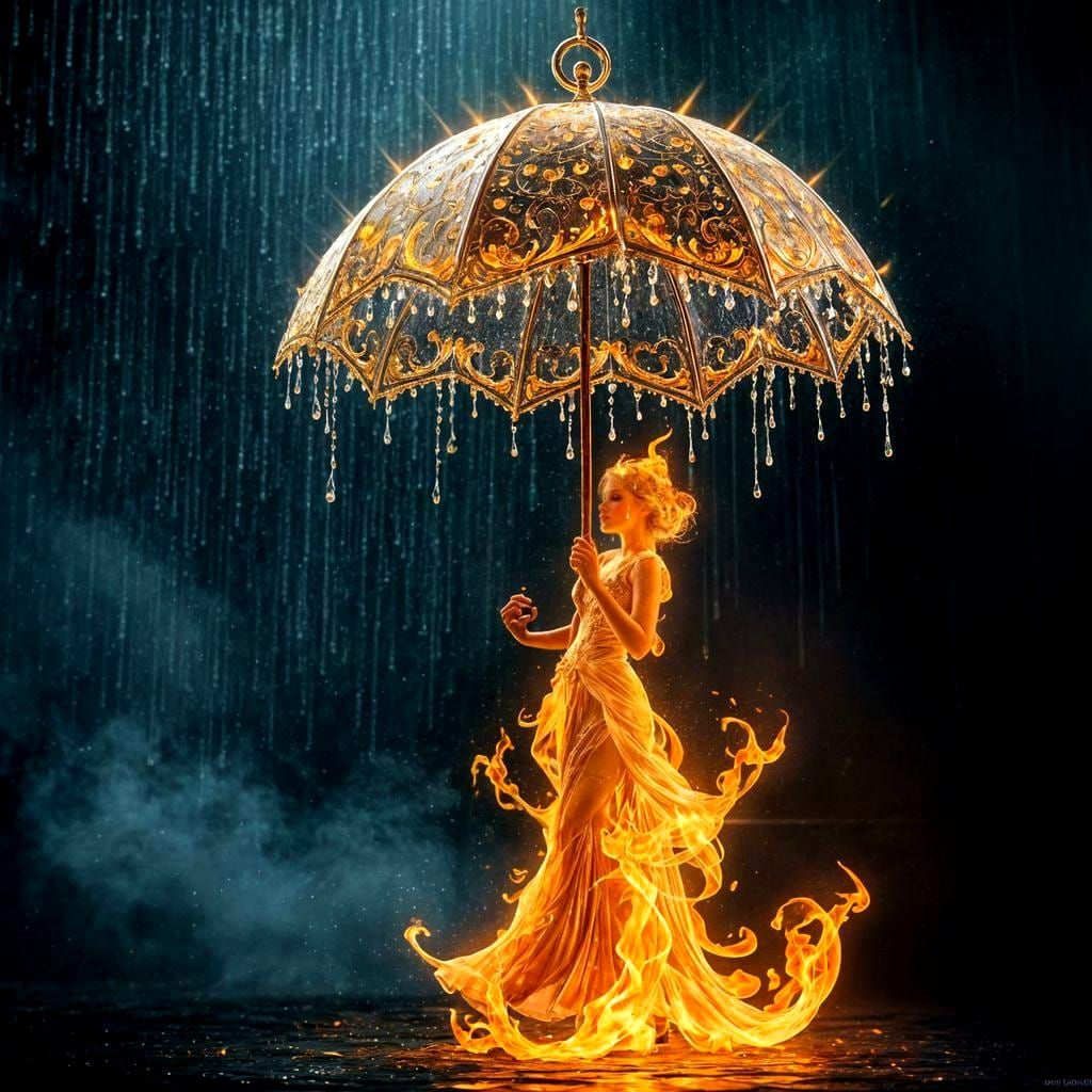 Enchanted Flame Figure with Raindrop Umbrella