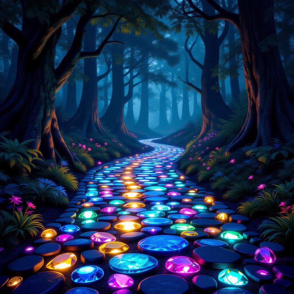 Luminous Gemstone Road Through Mystical Forest