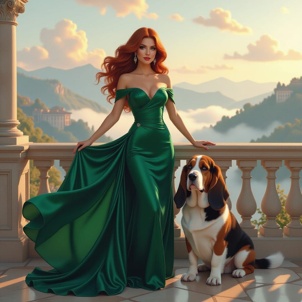 Woman in Green Gown Poses with Basset Hound on Balcony