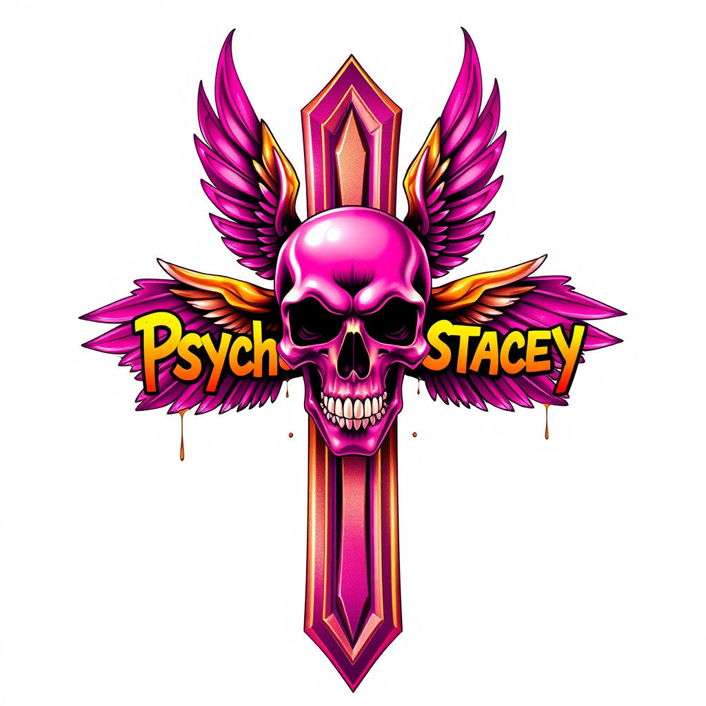 Pink and Gold Cross with Winged Skull Graffiti