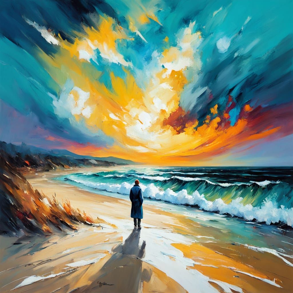 Impressionist Beach Scene with Figure in Vivid Colors
