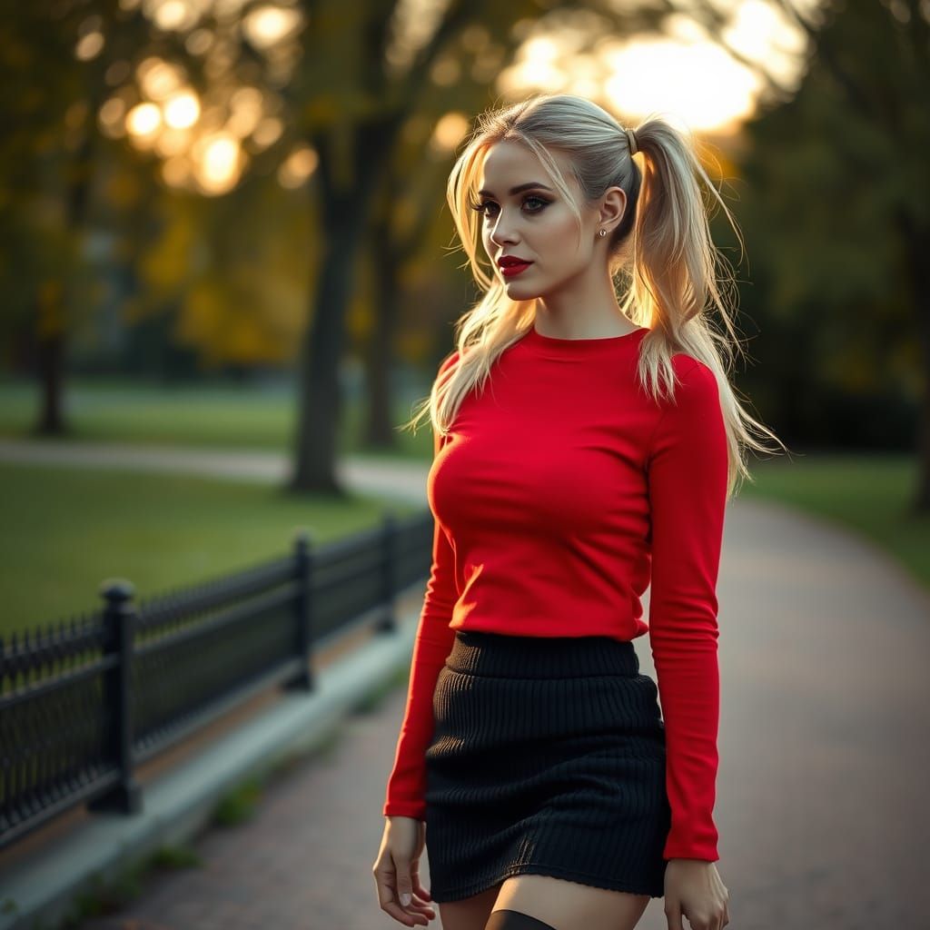 Woman in Red Jumper Walks Through Park at Golden Hour