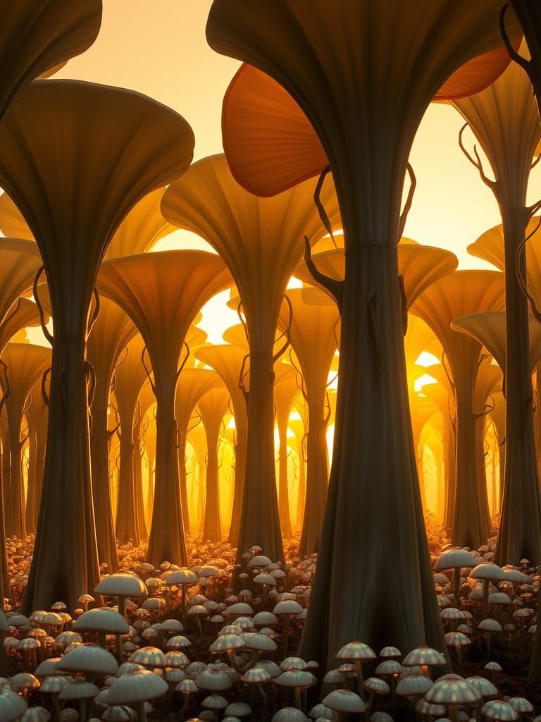 Surreal Trumpet Tree Forest in Sunset Hues