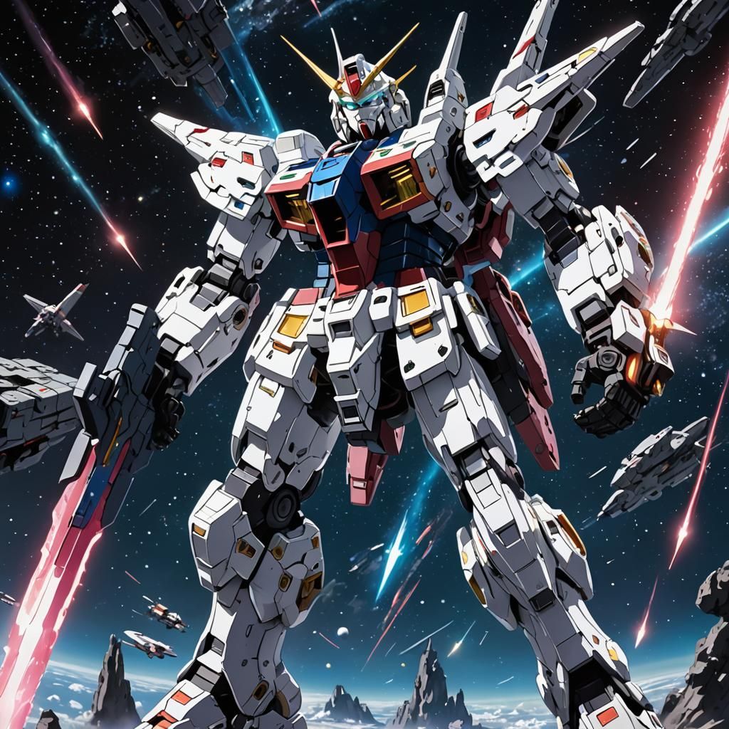 Gundam-Inspired Mech Warrior in Space: Cel-Shaded Style