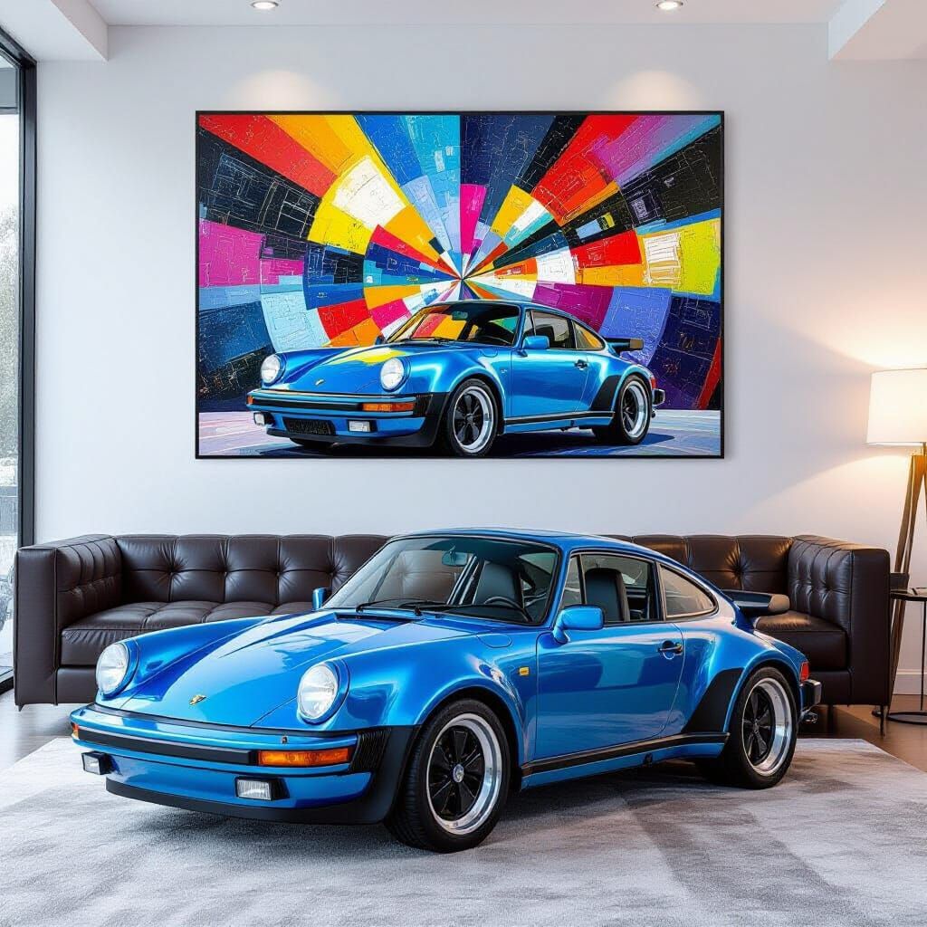 Blue Metallic Porsche 930 Turbo as Art in Luxury Living Room