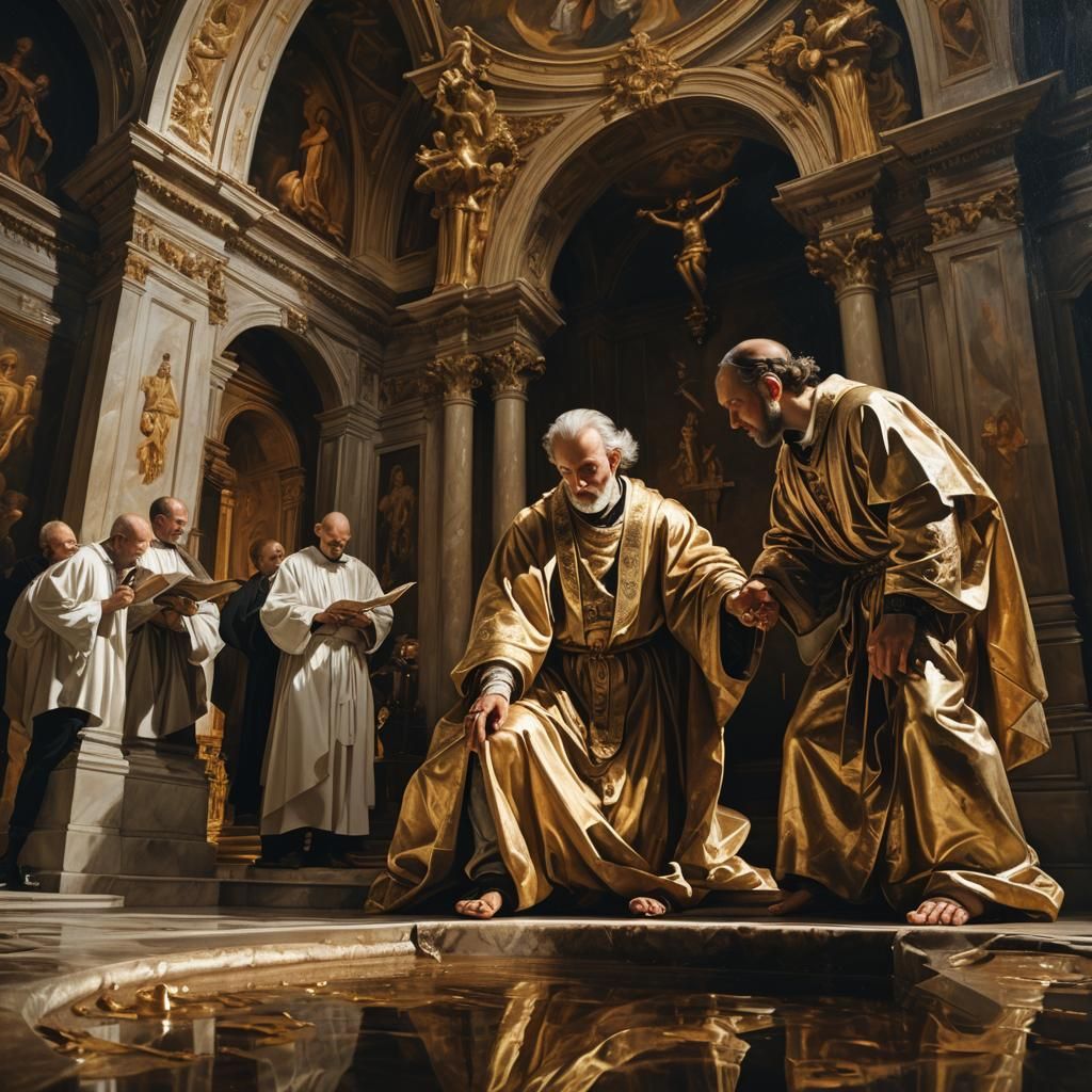 Baroque Priests Washing Body in Ornate Chapel