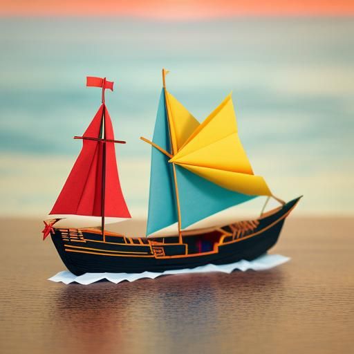 Origami Boat at Sunset Papercraft Style