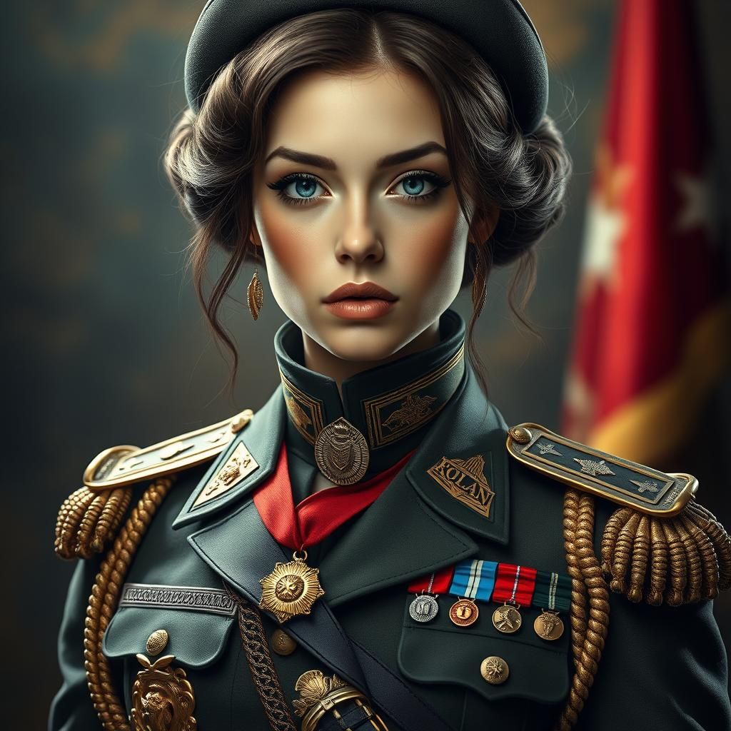 Female Soldier in Extravagant Military Uniform