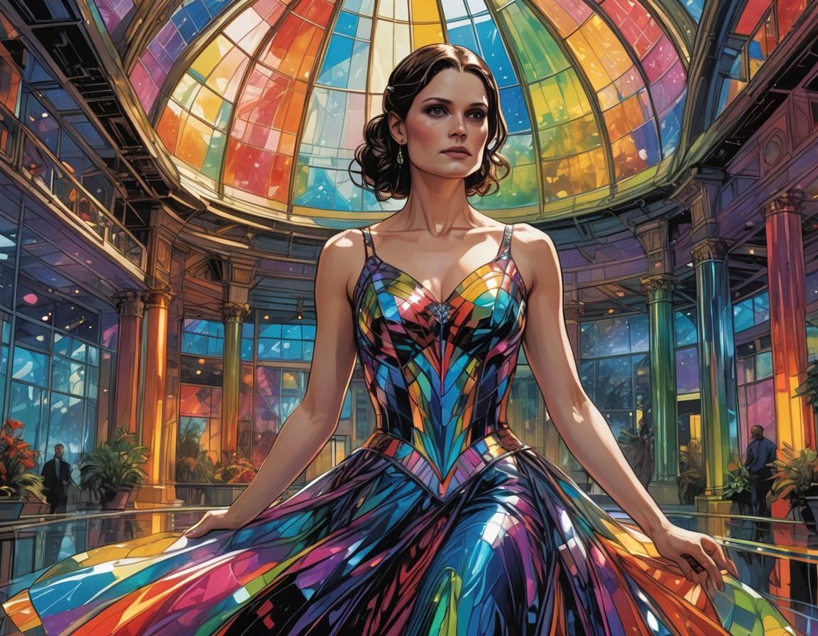 Woman in Glass Gown in Rainbow Atrium, Comic Art