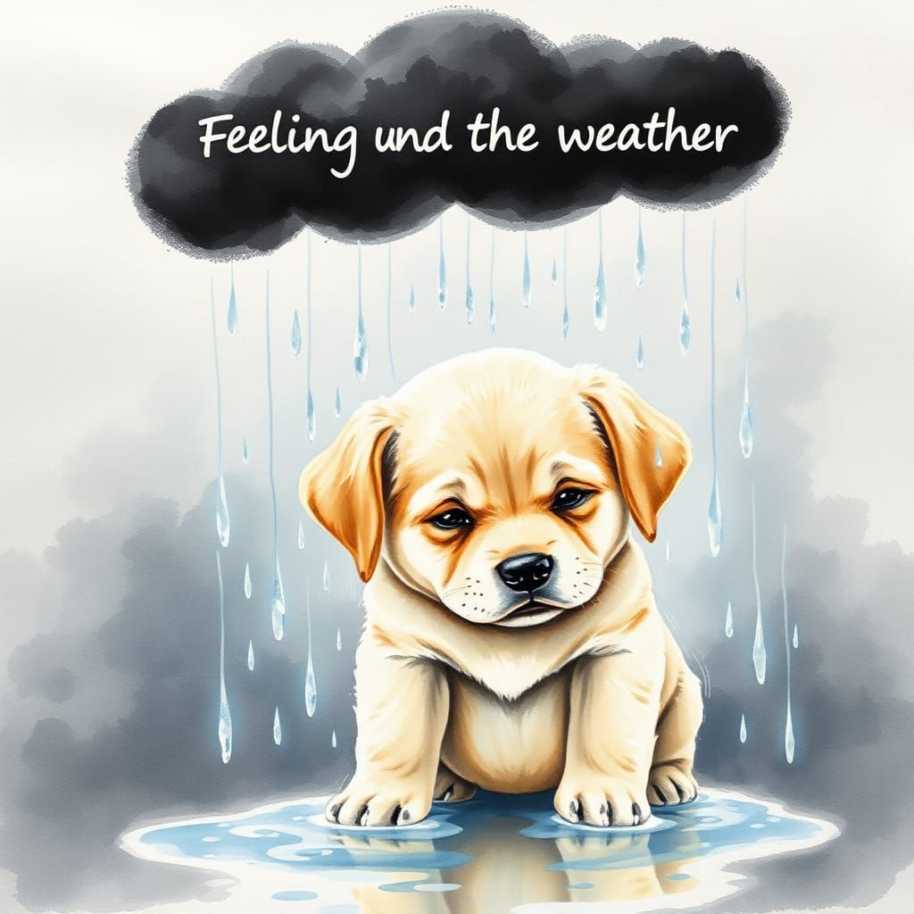 Sad Puppy in Rain: Watercolor 'Feeling Under the Weather'