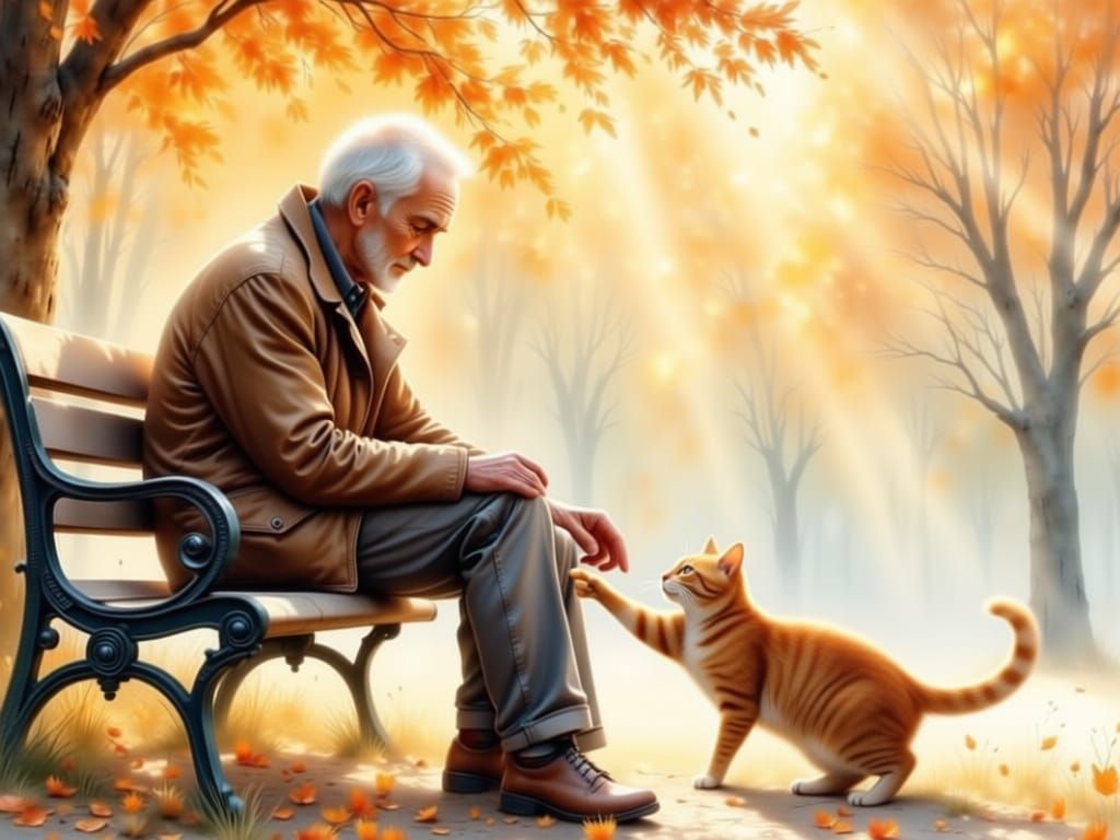 Elderly Man Shares Sandwich With Cat on Park Bench
