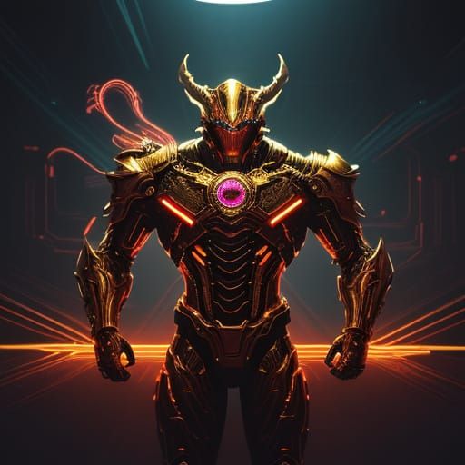 Finger on the Edge of a Glowing Red Button in a Neon-Lit Roo...