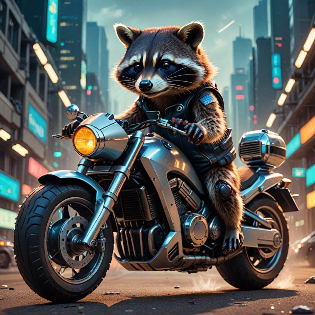 Futuristic Raccoon on High-Speed Motorcycle
