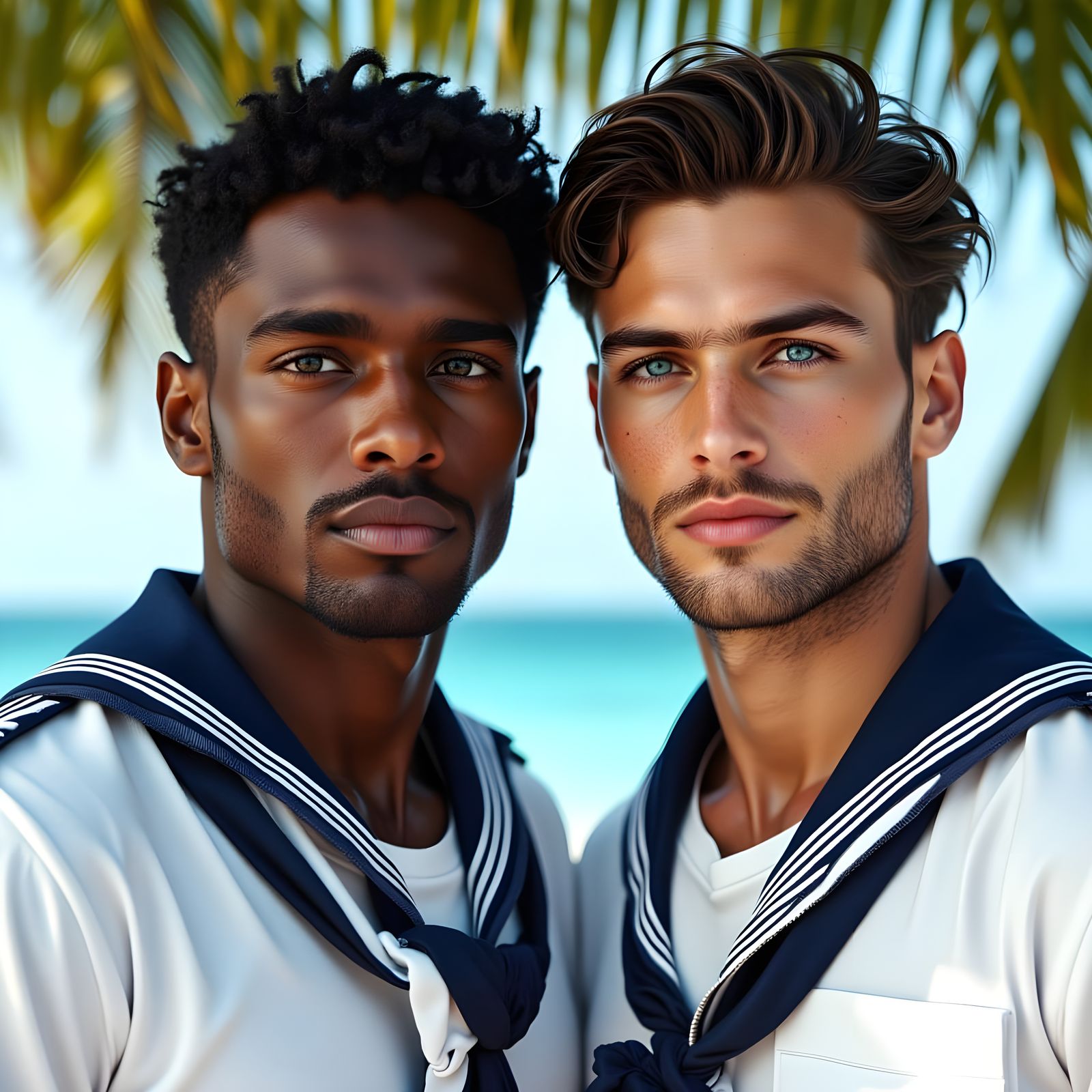 Two Handsome Men in Sailor Uniforms, Photorealistic Style