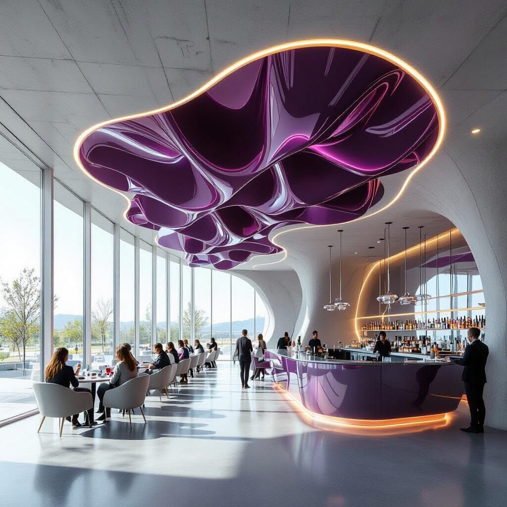 Futuristic Restaurant with Magenta String Walls