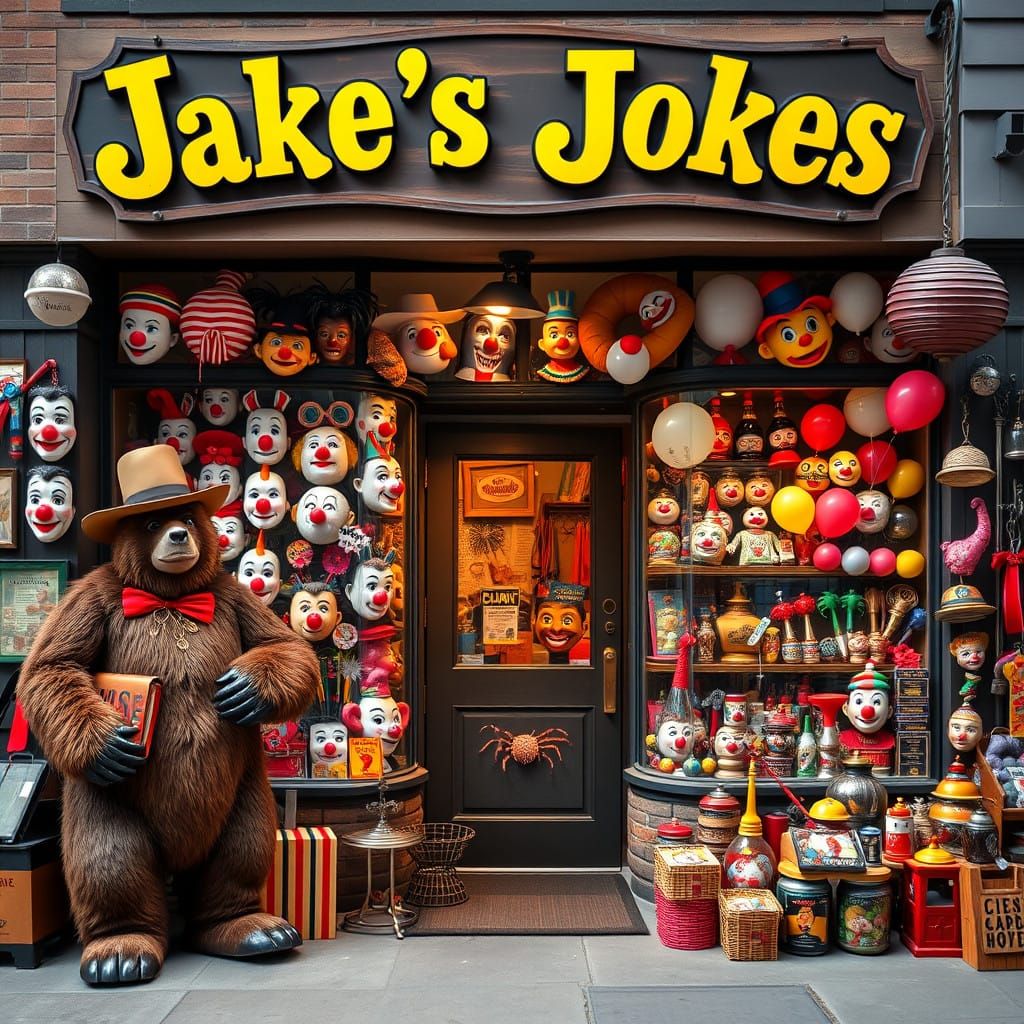 Hyperealistic Humorous Joke Shop Scene