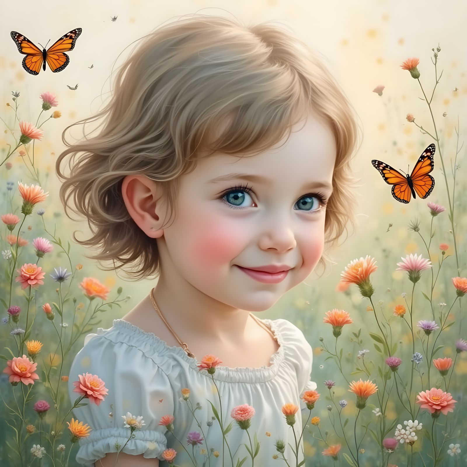 Whimsical Watercolor of a Baby Gazing at a Butterfly