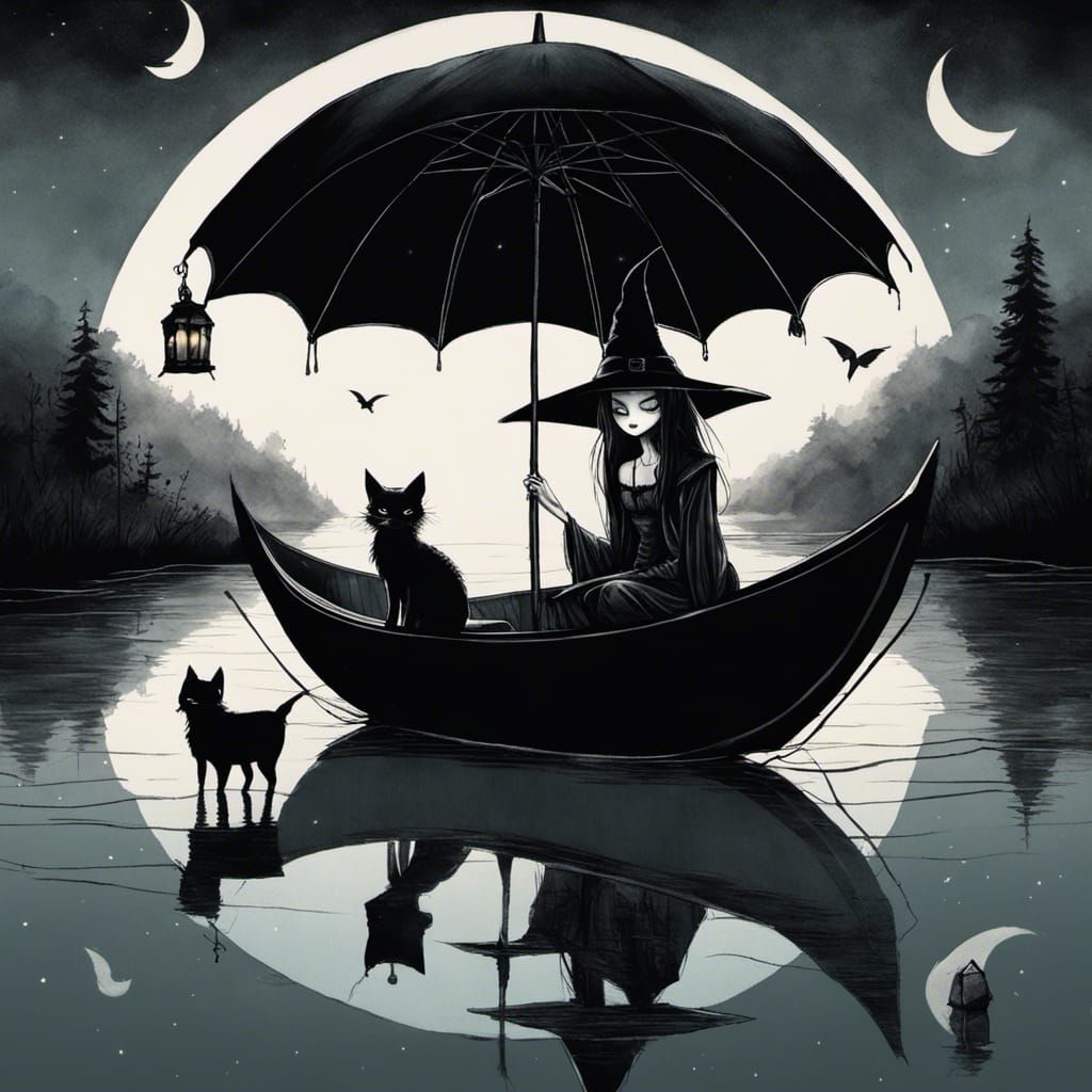 Gothic Witch in Boat with Lanterns, Digital Painting