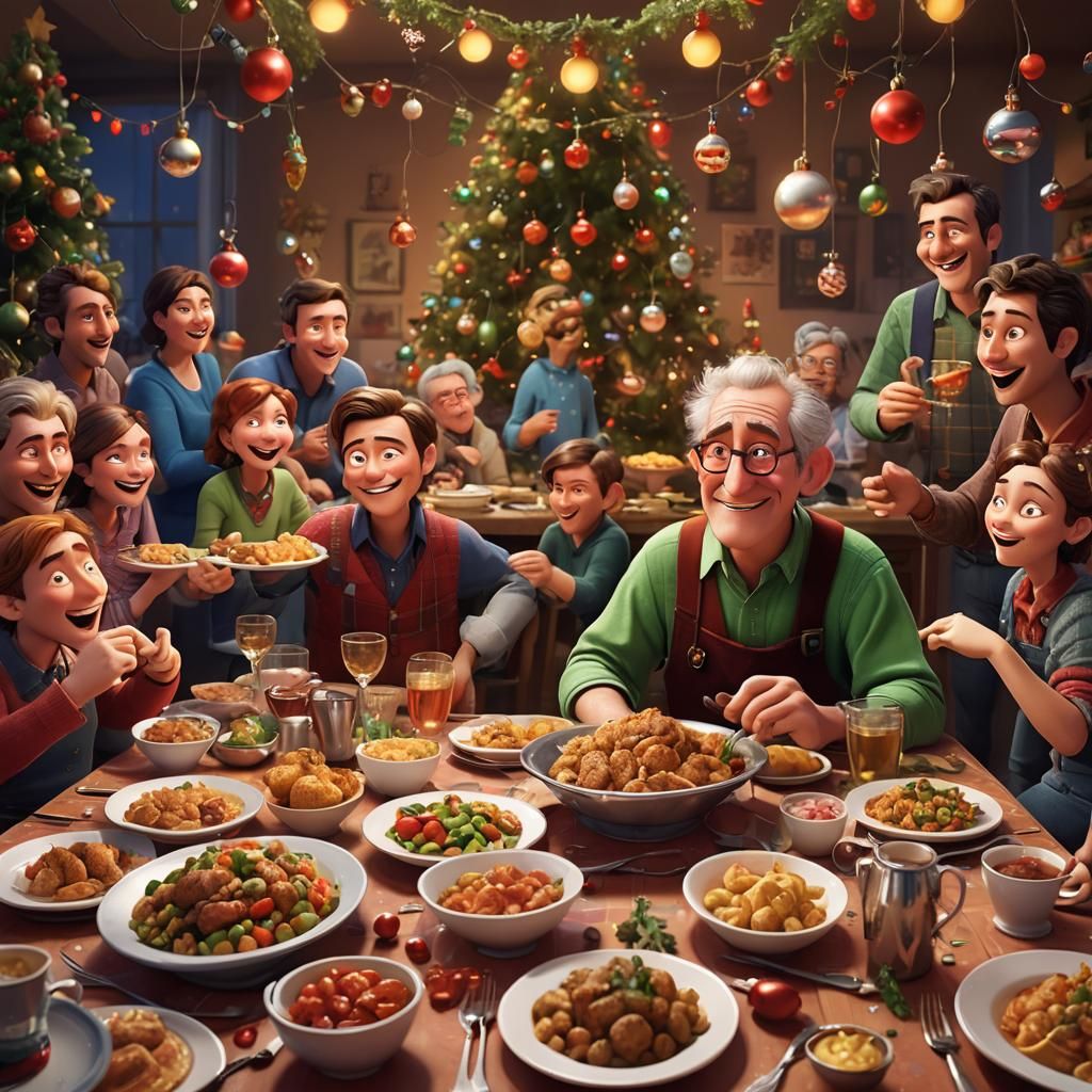 Humorous Christmas Dinner in Pixar Animation Style