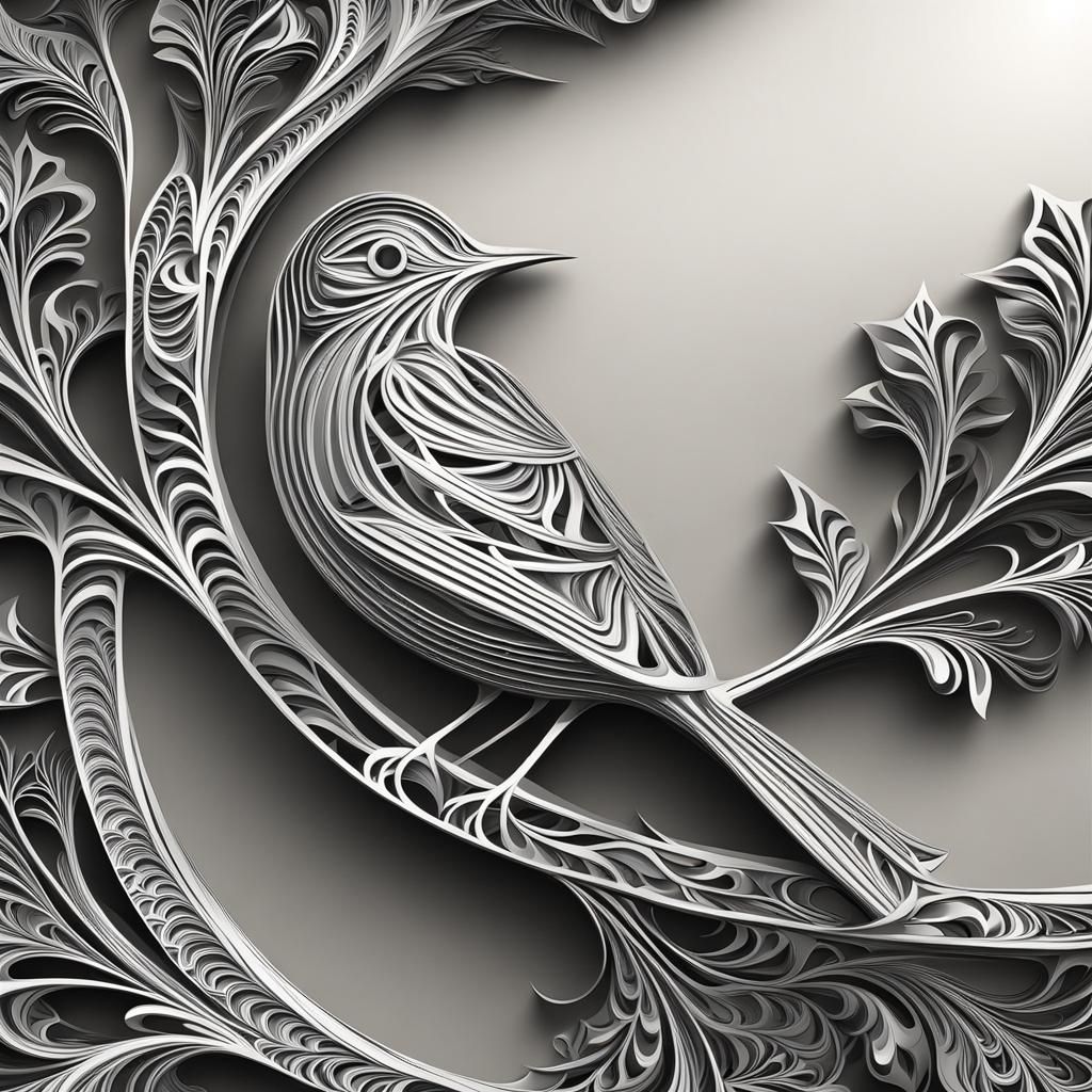 Abstract Bird on Branch with Fractal Elements