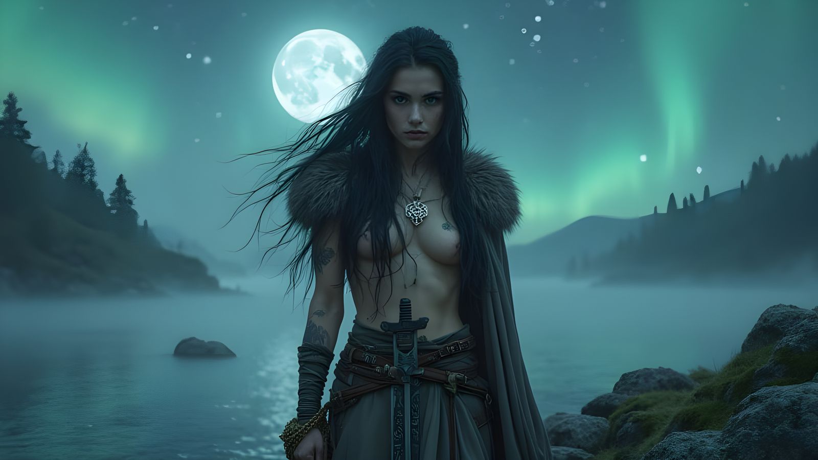 Ethereal Norse Warrior in Moonlit Fjord Landscape
