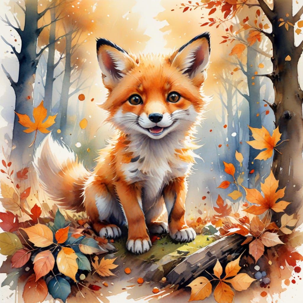 Cute Fox Cub Jumping in Autumn Leaves Watercolor