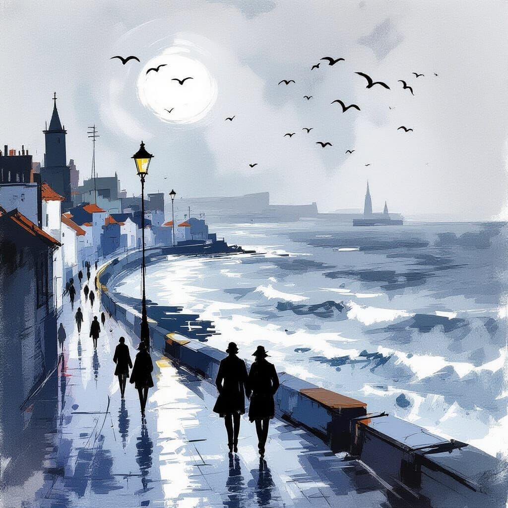 Monochrome Indigo Coastal Scene in Ink Wash Style