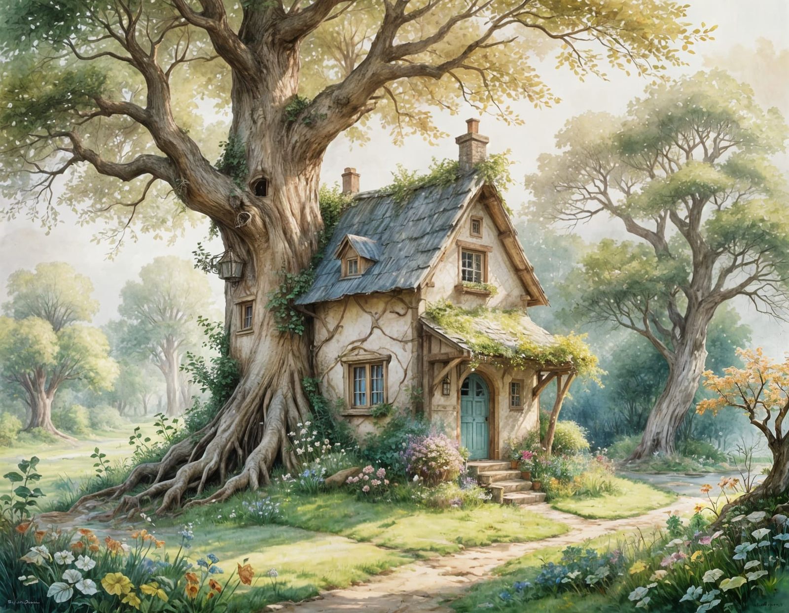 Whimsical Cottage in Tree, Watercolor Painting