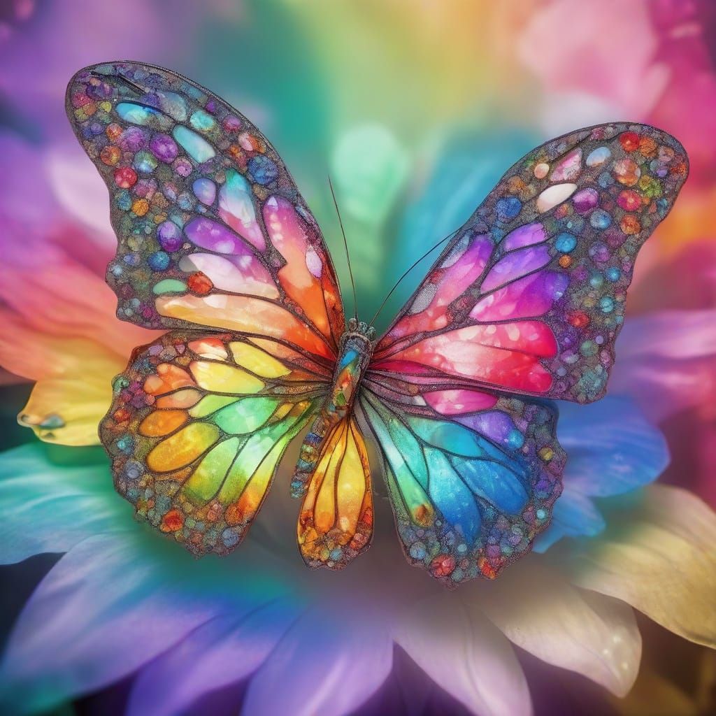 Rainbow Gemstone Butterfly on Flower in Art Nouveau Style
