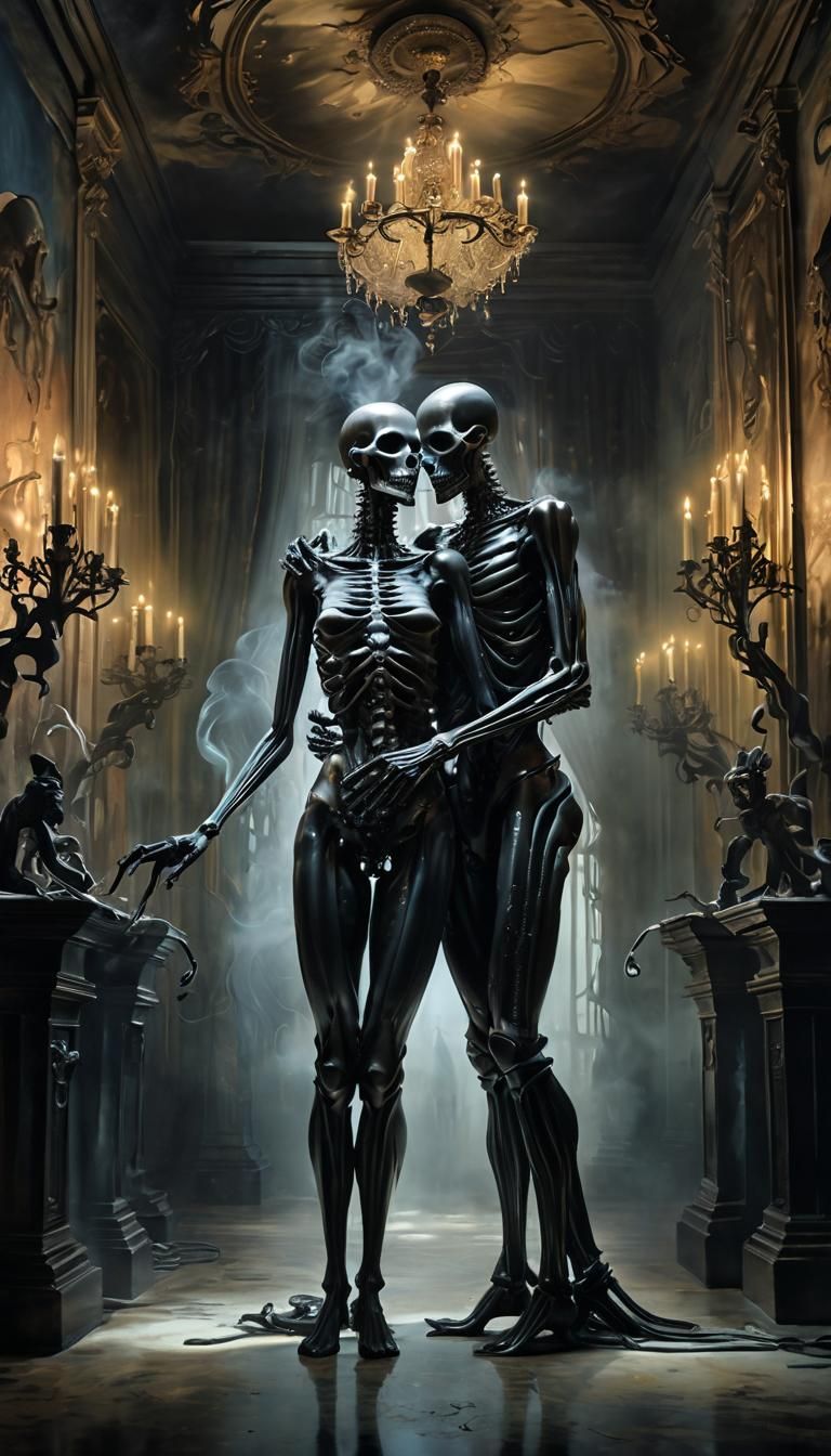 Surreal Embrace in Candlelight: Macabre Ballroom Scene