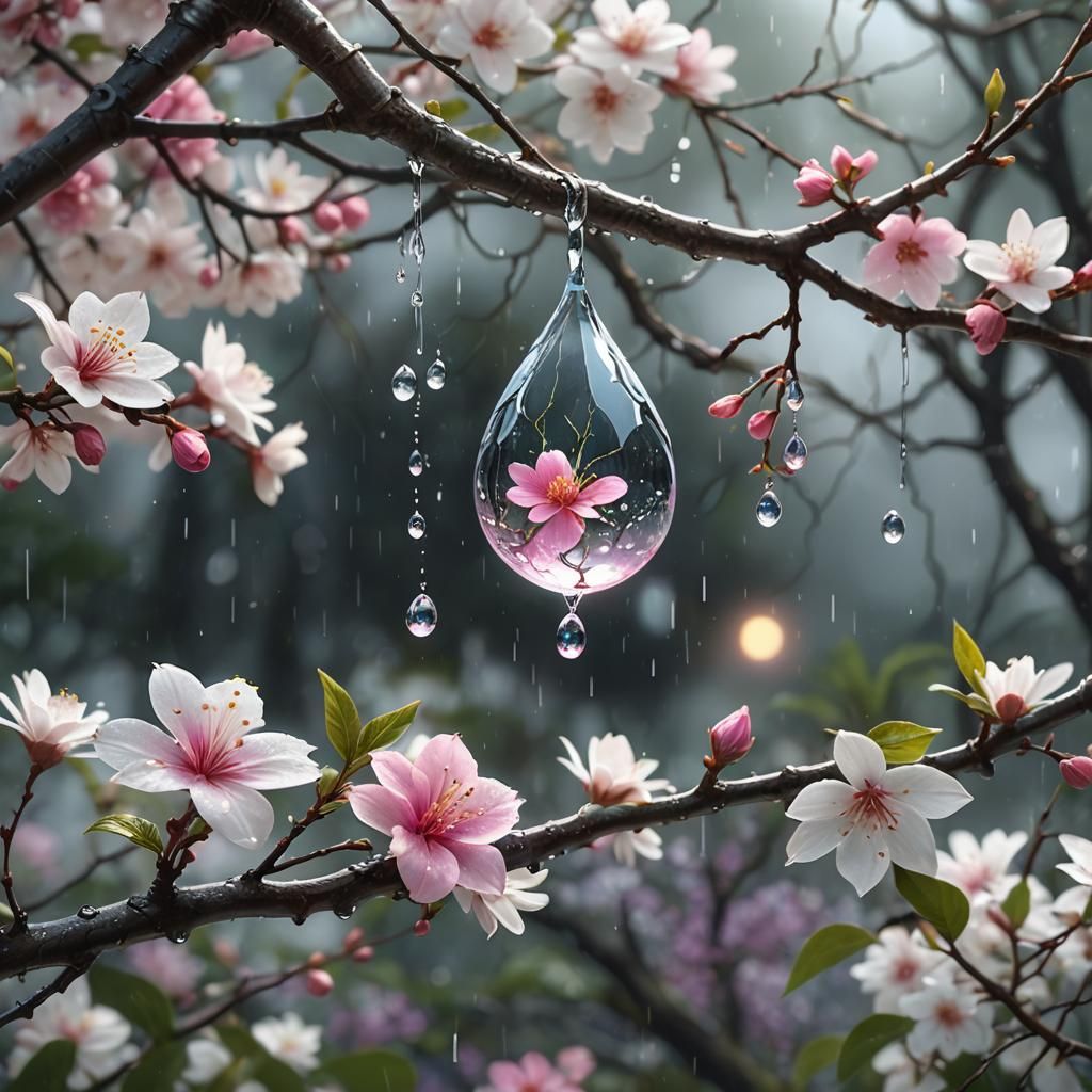 Raindrop with Pink Flower: Detailed Matte Painting
