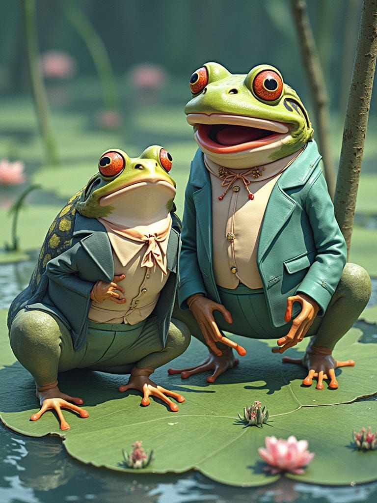 Frogs Encounter in Misty Swamp: 3D Digital Art