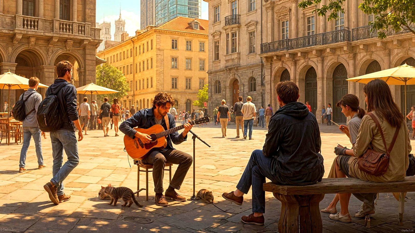 Street Musician in Golden Hour City Square