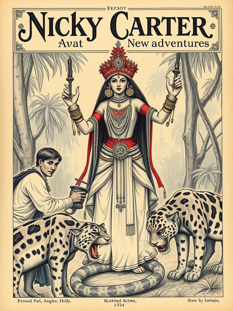Steampunk Adventurers in Indian Jungle, Vintage Illustration