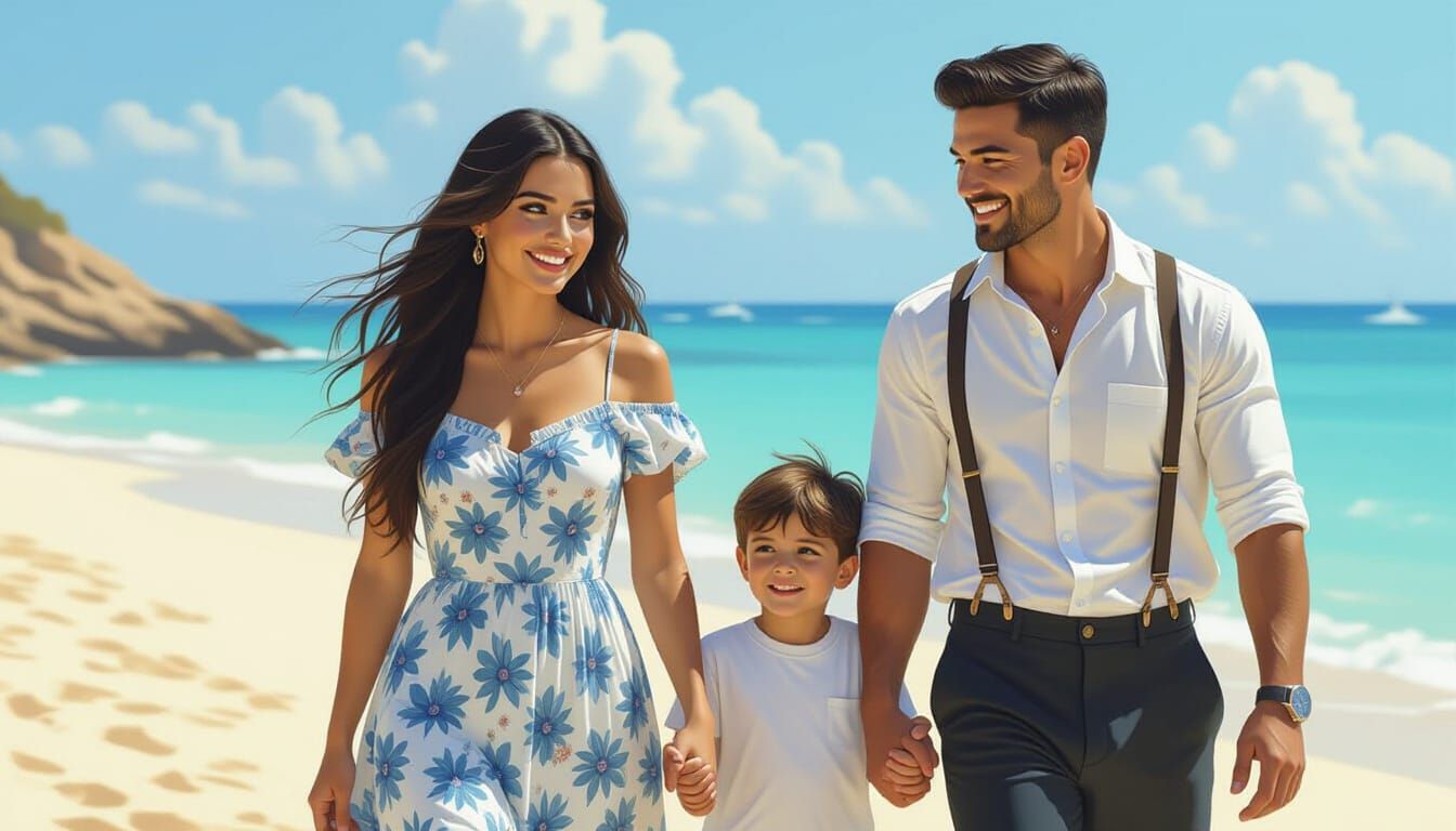 Sardinian Beach Scene with Family, Photorealistic Style