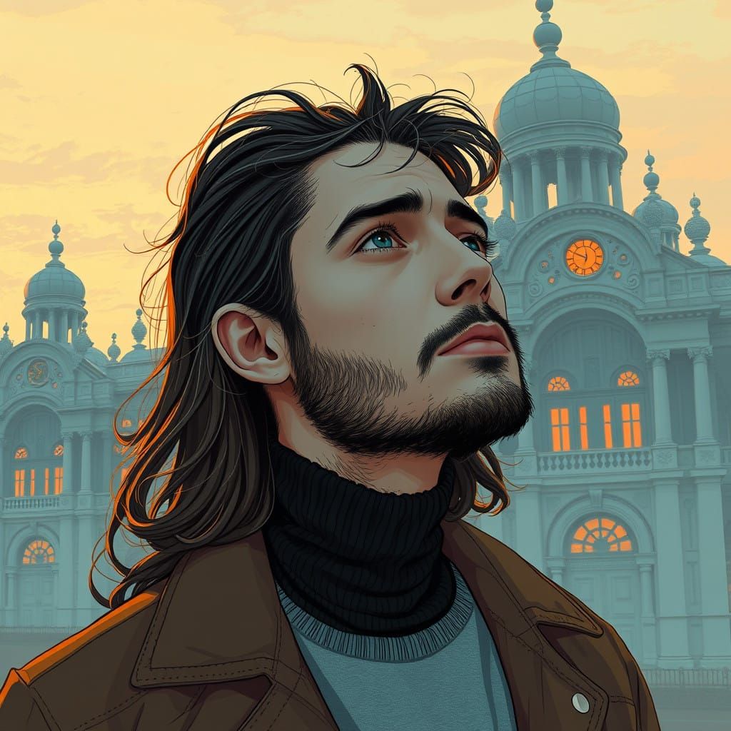 Golden Hour Dystopian Dreamcore in Art Nouveau Style