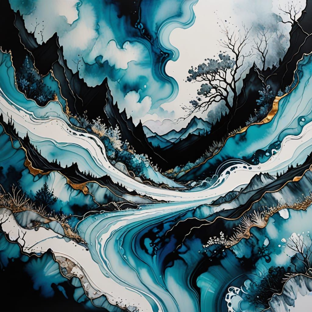 Abstract Alcohol Ink Landscape Painting with Wax Textures