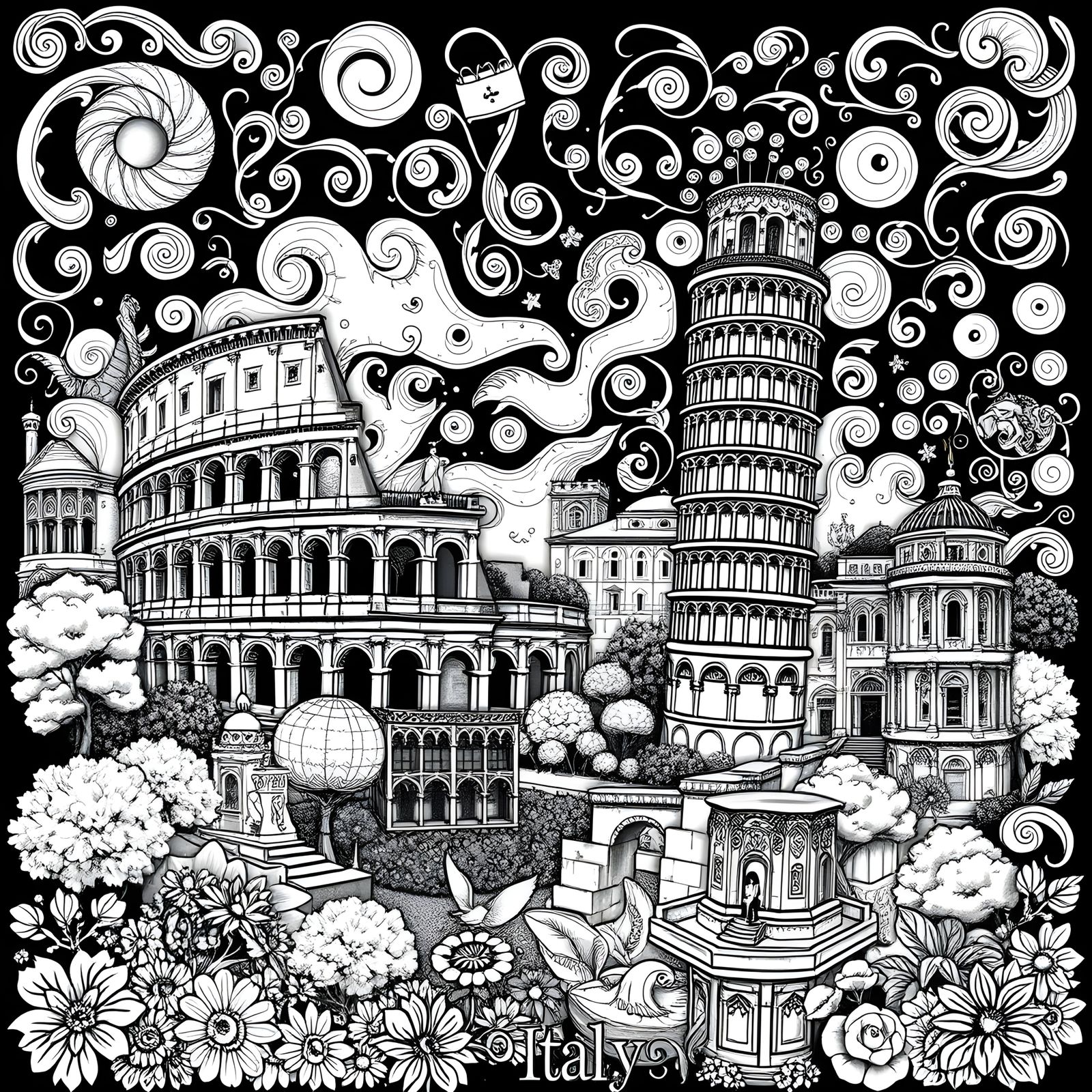 Detailed Doodle Drawing of Italy in Black and White