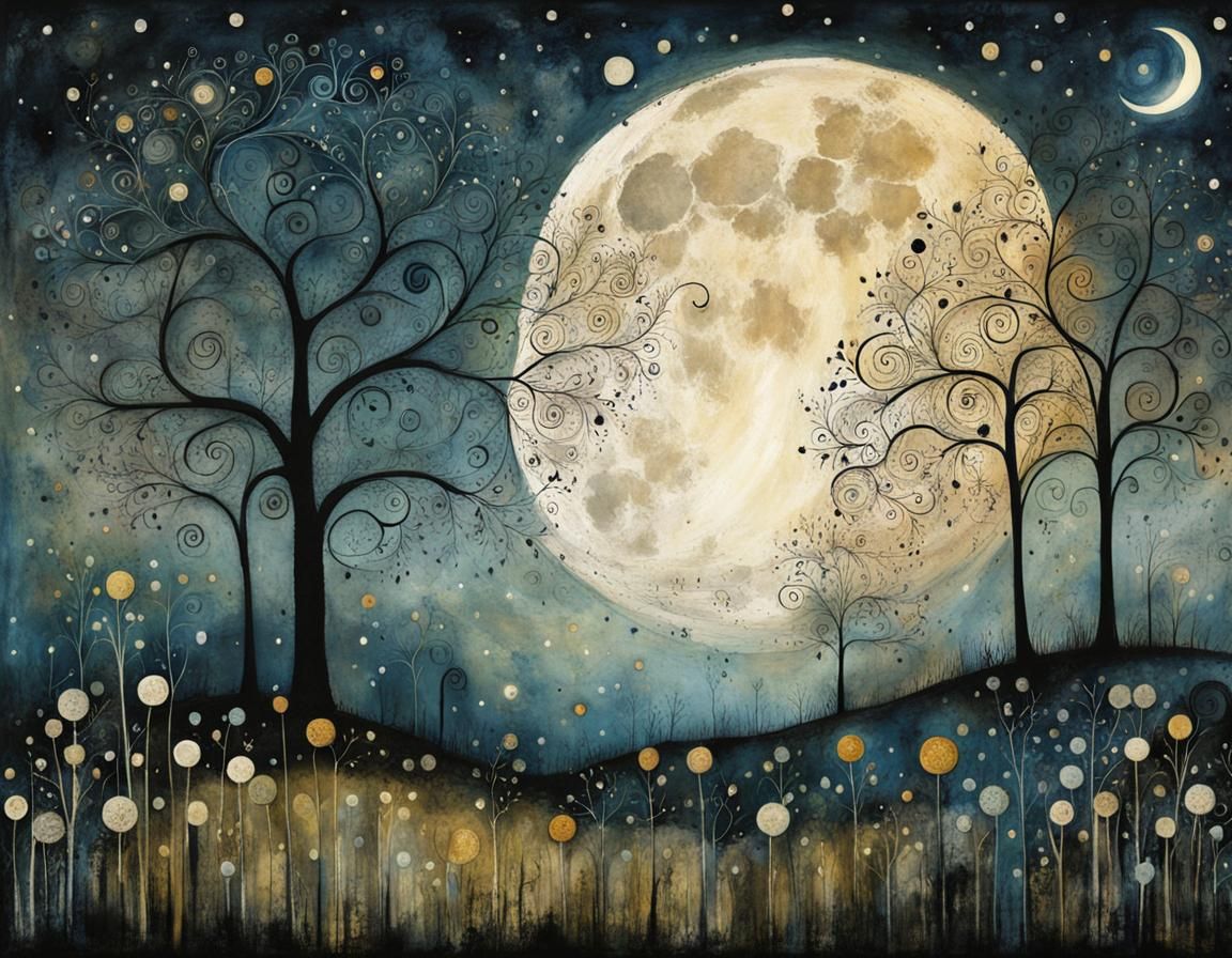Magical Garden Under Full Moon: Whimsical Illustration