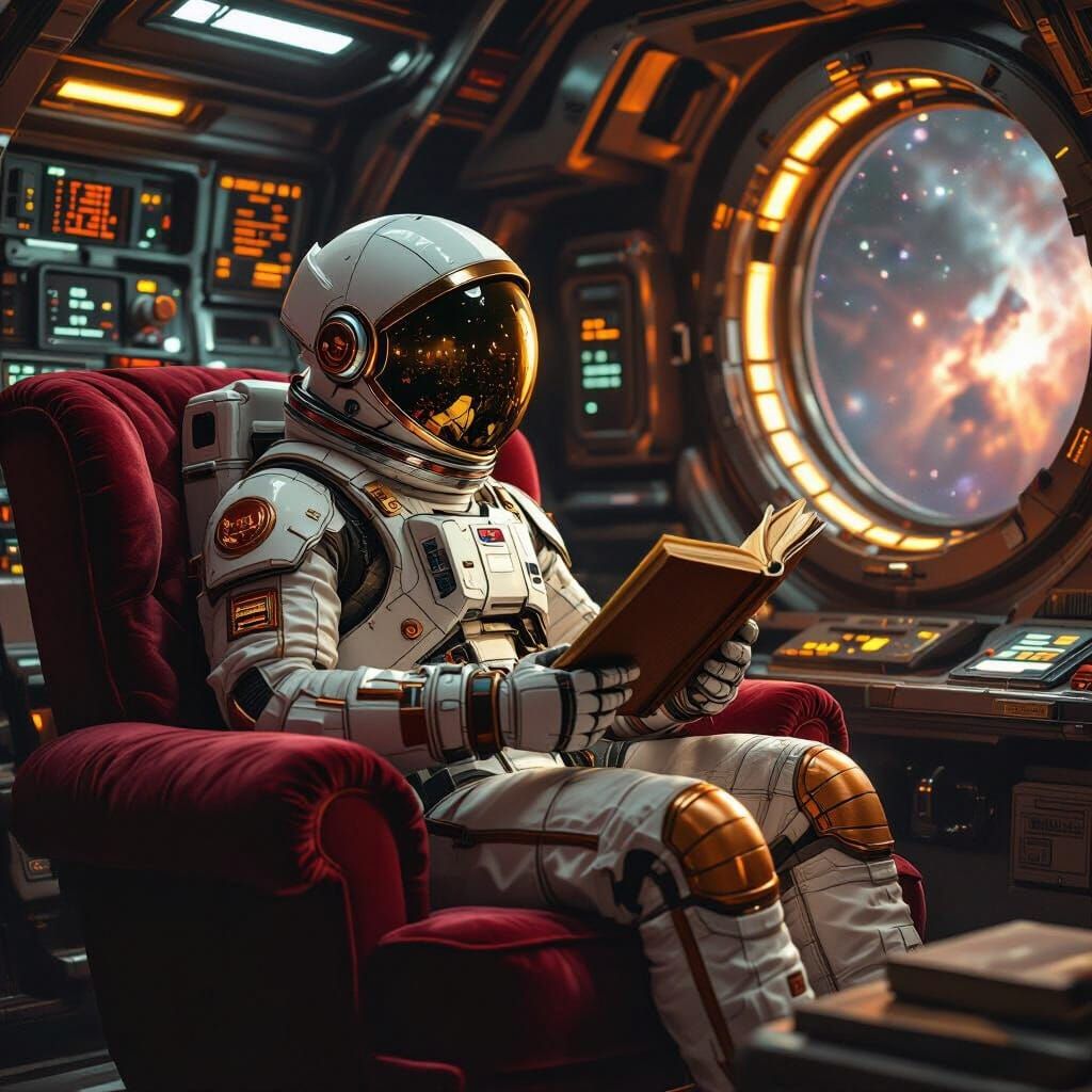 Astronaut Reads in Retro-Futuristic Spaceship Cabin